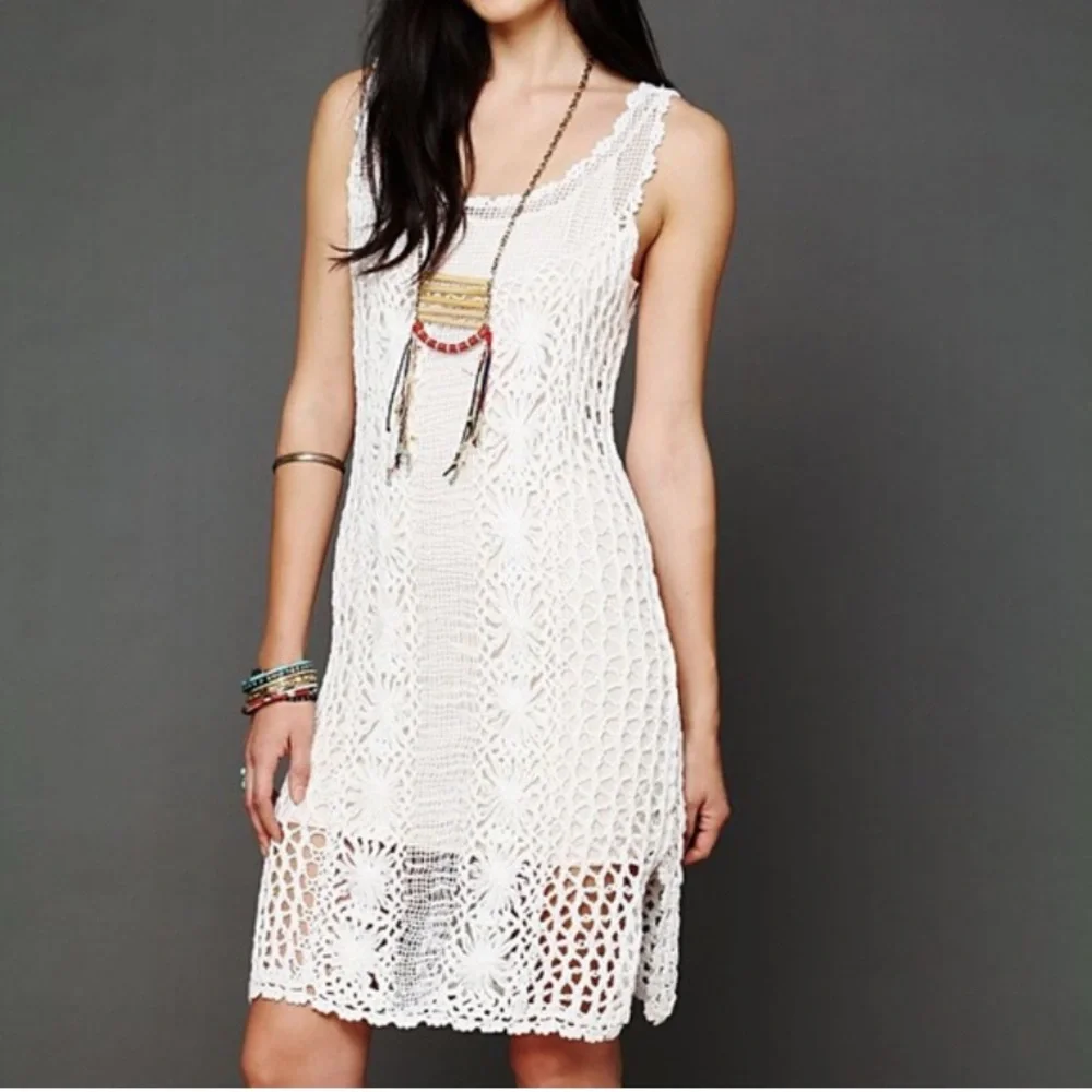 Free People Rare Crochet Tunic Dress White Size M‎ Boho Coastal Cowgirl Festival